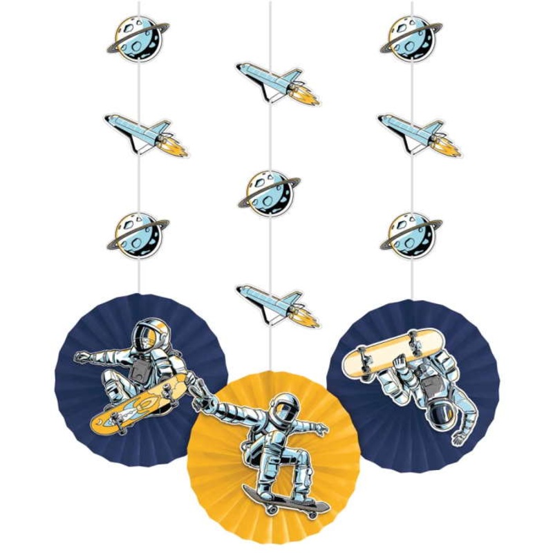 Space Skateboard Hanging Fan Decorations Pack of 3