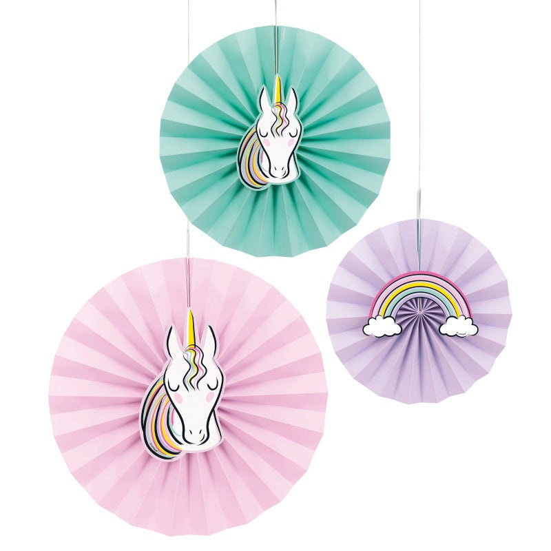 Pastel Coloured Unicorn Paper Fans Pack of 3