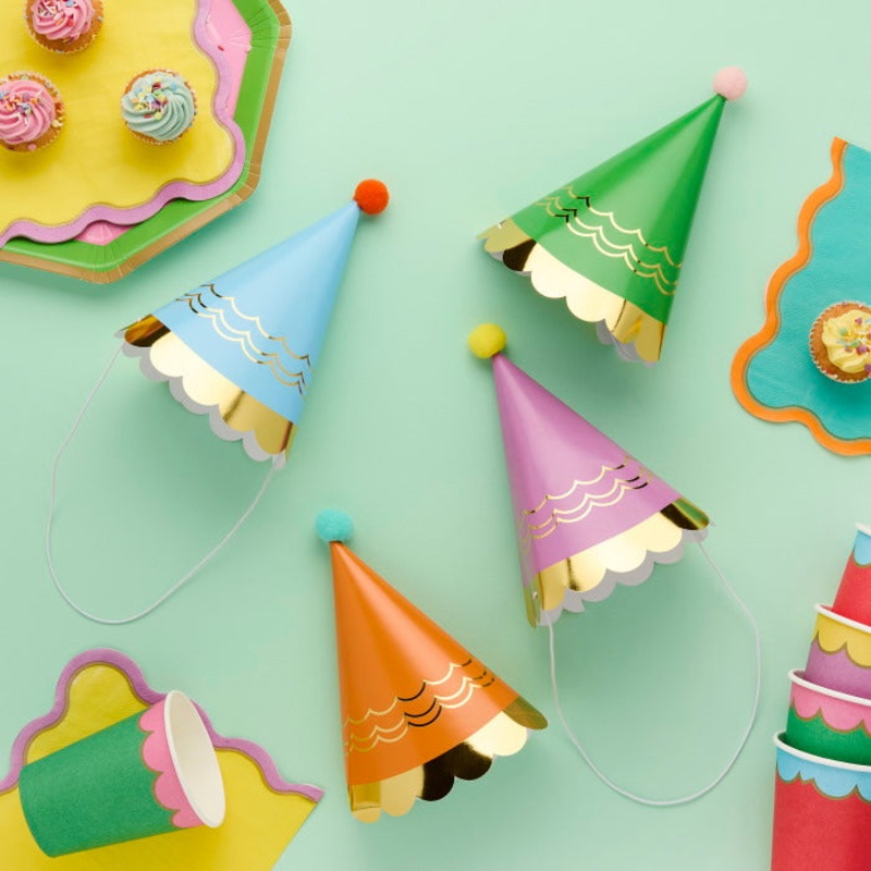 Bright Colour Party Hats with Pom Poms - Pack of 8