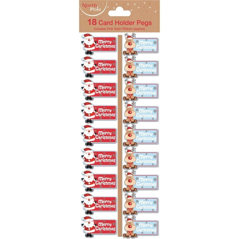 Santa & Reindeer Christmas Card Holder Pegs & Ribbon - Buy Online