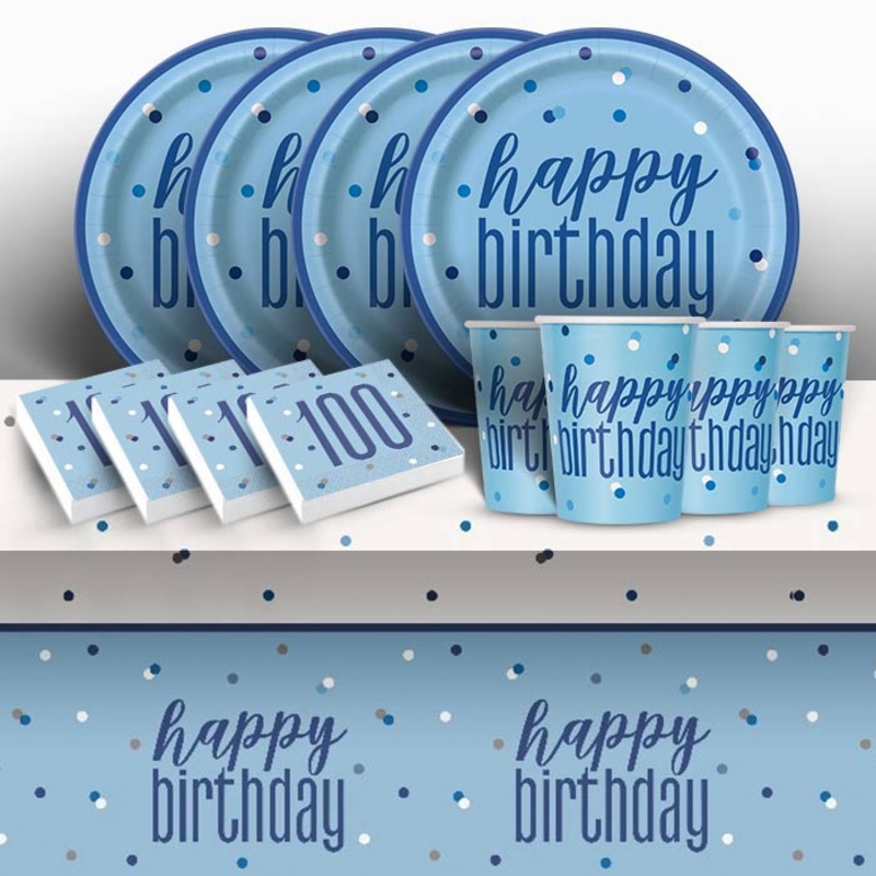 Blue Glitz 100th Birthday Party Pack (Starter)