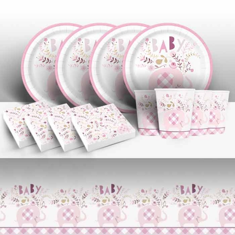 Pink Floral Elephant Baby Shower Tableware Pack