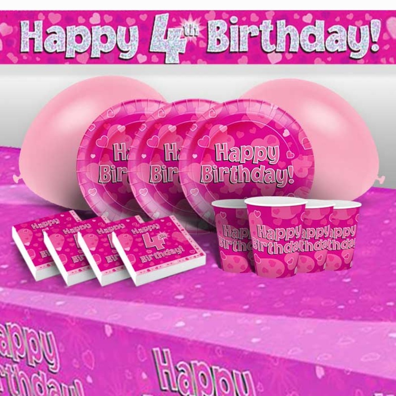 Pink Hearts 4th Birthday Party Pack with Decorations