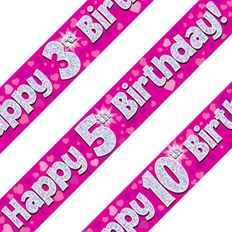Pink Heart Happy Birthday Age 1-16 Foil Banner - Choose your Age - Buy Online