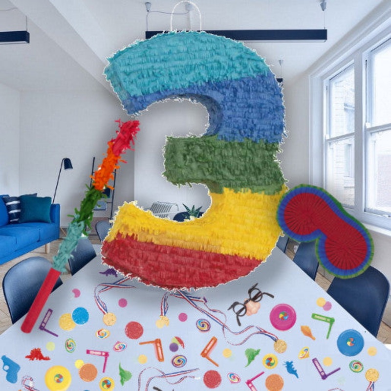 Colourful Stripes Number 3 Pinata Party Kit with Favours and Confetti - Buy Online