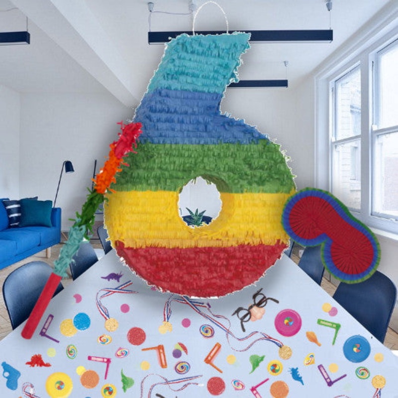 Colourful Stripes Number 6 Pinata Party Kit with Favours and Confetti - Buy Online