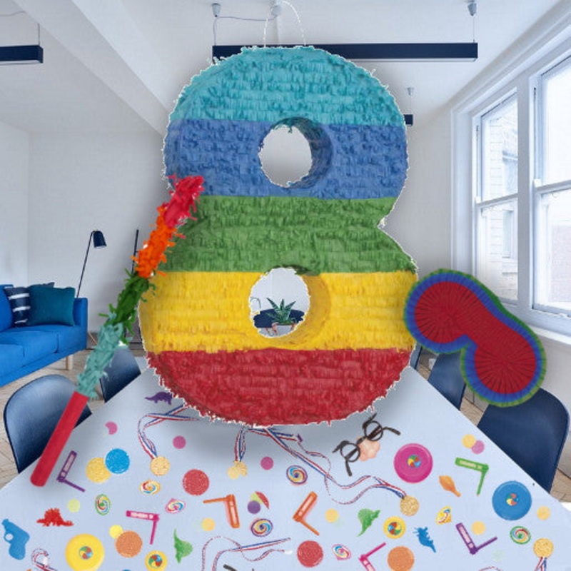 Colourful Stripes Number 8 Pinata Party Kit with Favours and Confetti - Buy Online