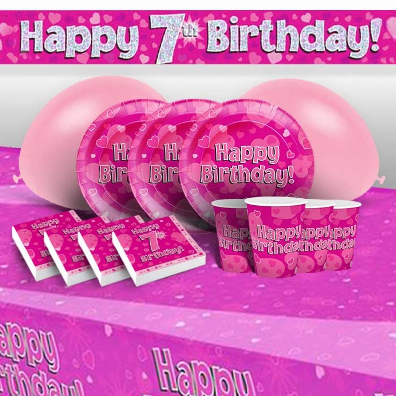 Pink Heart Happy 7th Birthday 8 to 48 Guest Premium Party Pack - Tableware | Balloons | Decoration