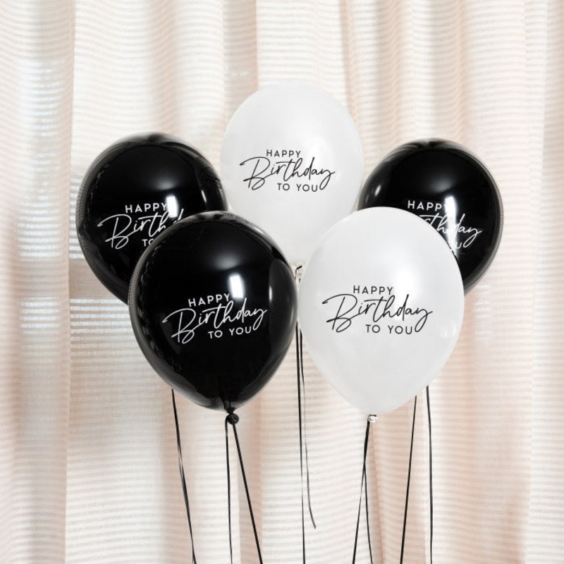 Black and White 'Happy Birthday Latex Balloons - Pack of 5