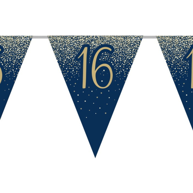 Navy & Gold Glitter 16th Birthday Bunting 11 flags 3.9m
