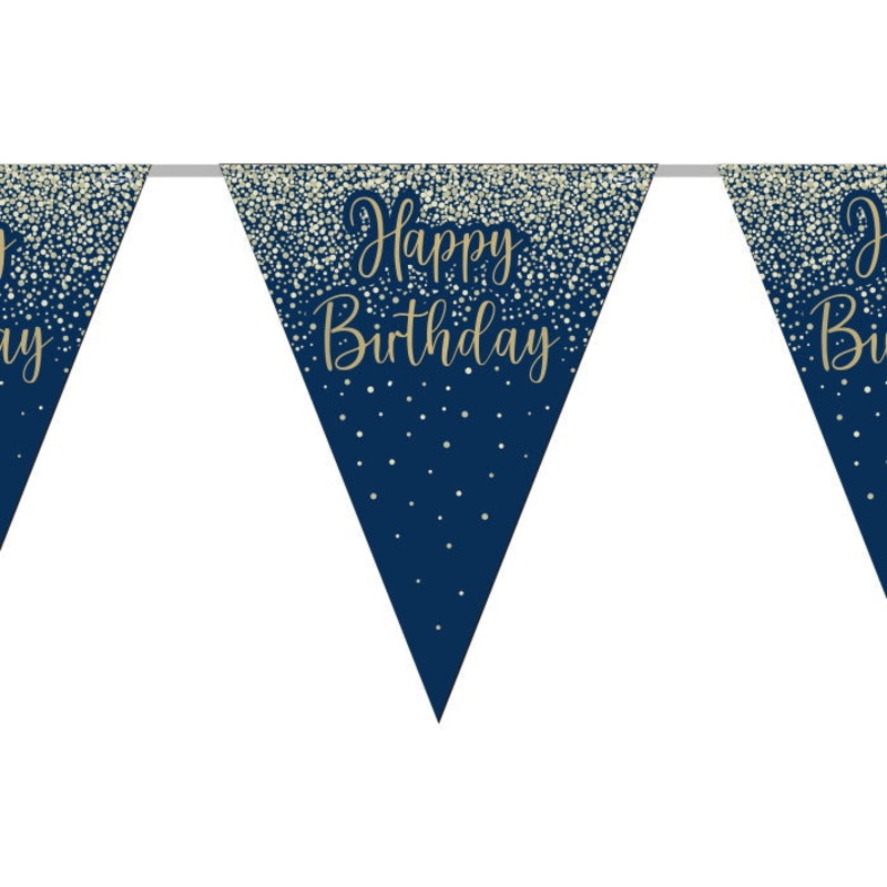 Navy & Gold Glitter Happy Birthday Bunting 11 flags 3.9m