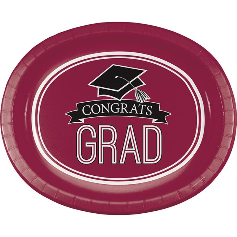 Burgundy Graduation Red Paper Oval Platters, 10" X 12" (8/Pkg)