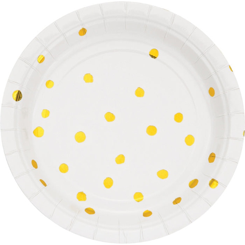 White & Gold Foil Dot Paper Dessert Plates (8/Pkg)