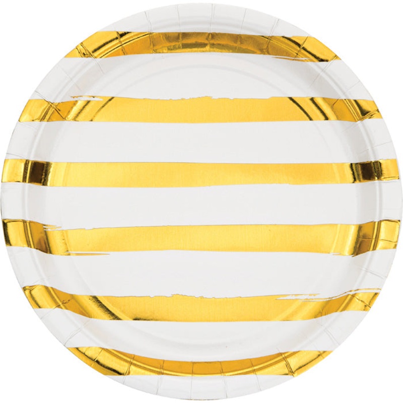 White & Gold Foil Striped Paper Plates (8/Pkg)