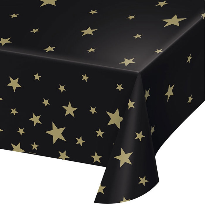 Stars Black Plastic Tablecover 54" x 108"