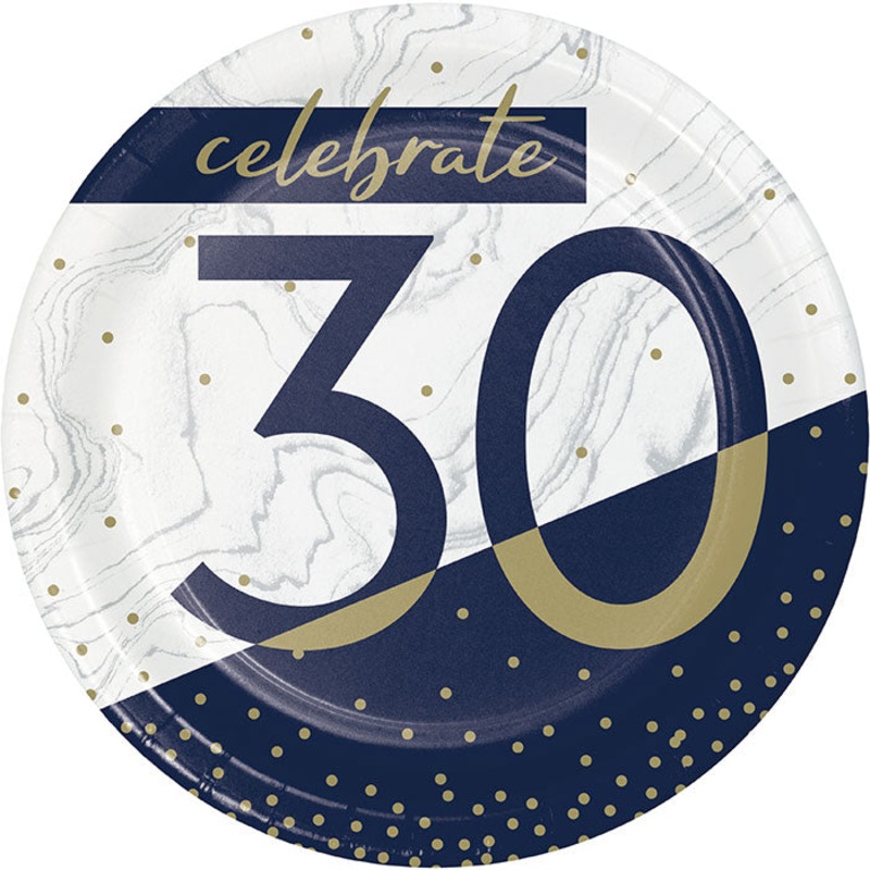 Navy & Gold Milestone "30" Paper Dessert Plate (8/Pkg)