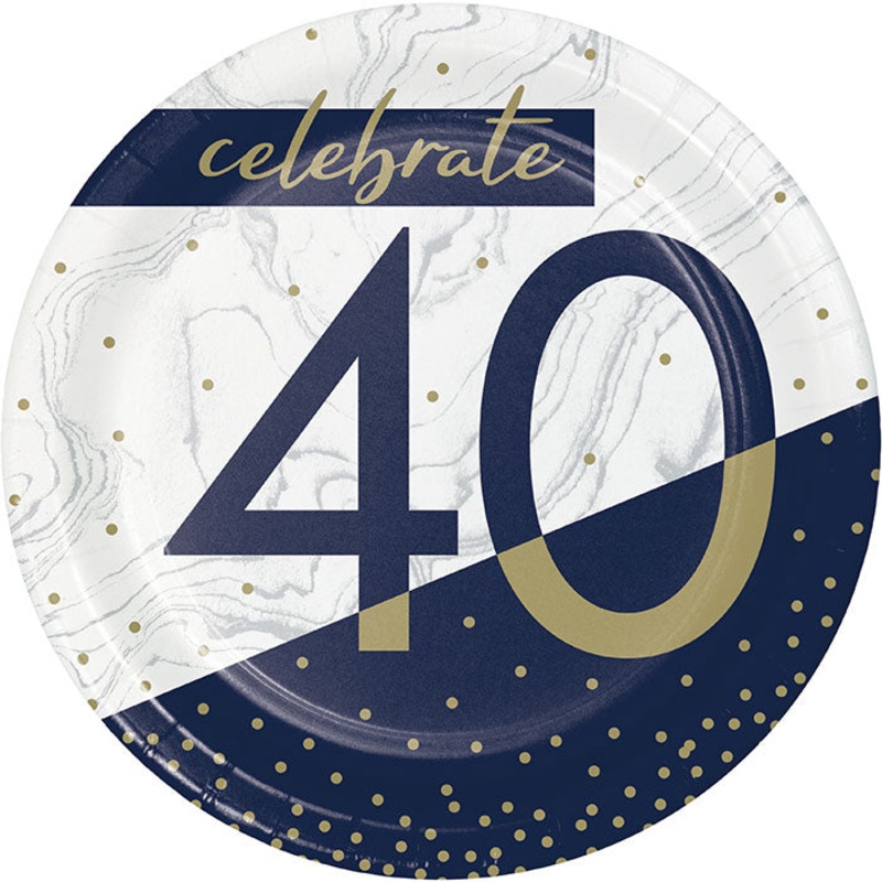 Navy & Gold Milestone "40" Paper Dessert Plate (8/Pkg)
