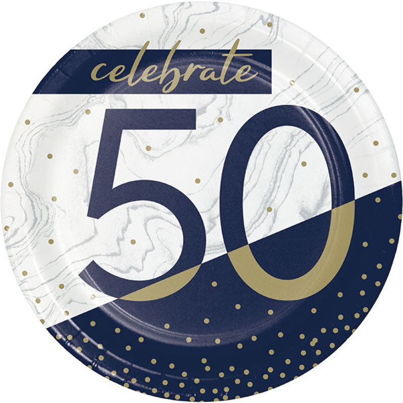 Navy & Gold Milestone "50" Paper Dessert Plate (8/Pkg)