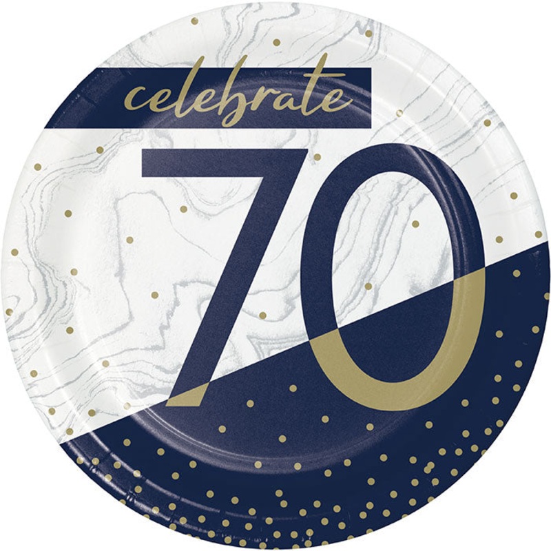 Navy & Gold Milestone "70" Paper Dessert Plate (8/Pkg)