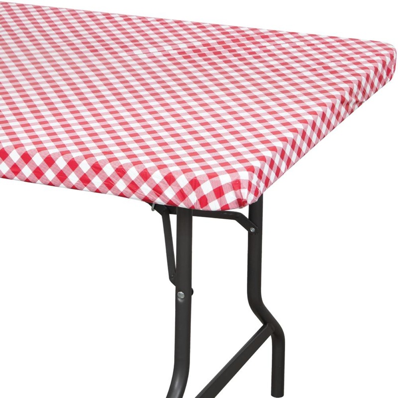 Red & White Gingham 30" x 96" Rectangular Stay Put Plastic tablecover