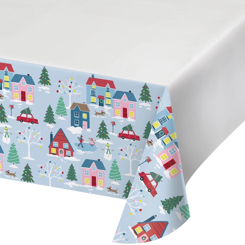 Christmas Village Paper Tablecover Border Print, 54"x102"