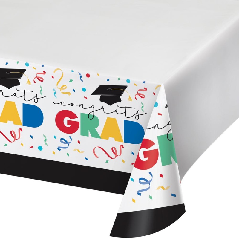 Grad Cap Toss Paper Tablecover Border Print, 54"x102"