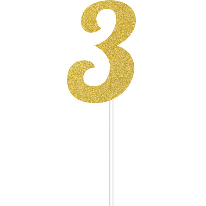 Bulk Pack of 2 Gold Glitter #3 Cake Toppers