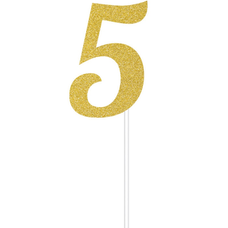 Bulk Pack of 2 Gold Glitter #5 Cake Toppers