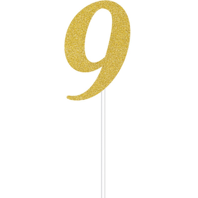 Bulk Pack of 2 Gold Glitter #9 Cake Toppers