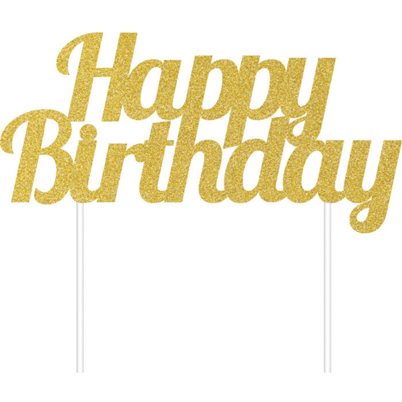 Bulk Pack of 2 Gold Glitter Happy Birthday Cake Toppers