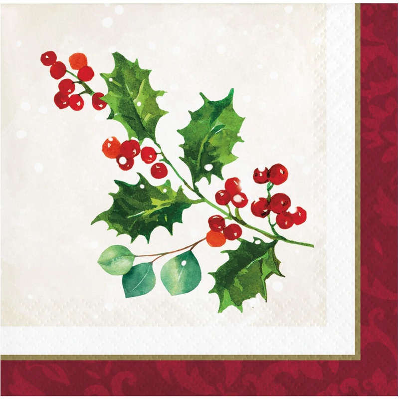 Bulk Pack of 48 Holiday Holly Beverage 2Ply Napkins
