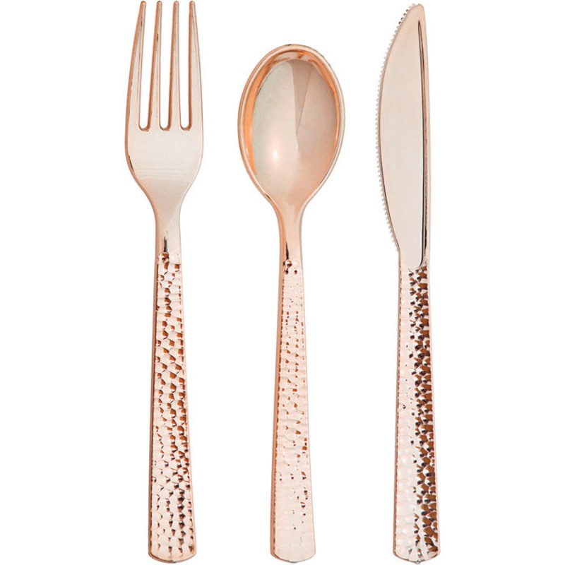 288 pc Bulk Rose Gold Metallic Hammered Assorted Cutlery