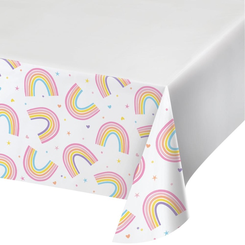 12 pc Bulk Happy Rainbow Plastic Tablecloths