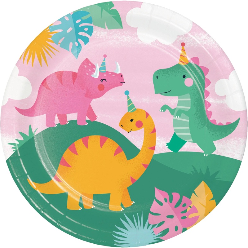 96 pc Bulk Girl Dino Party 8.75 Inch Dinner Plate