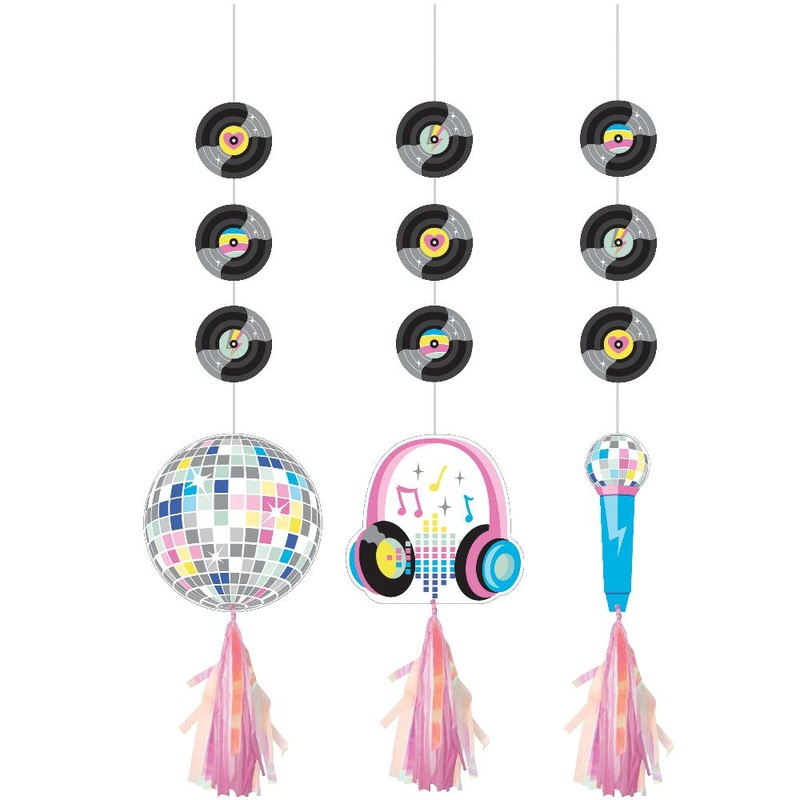 36 pc Bulk Birthday Beats Disco Hanging Cutouts with Iridescent Tassels
