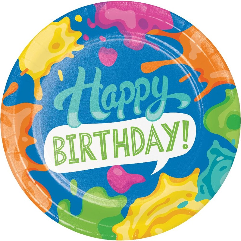 96 pc Bulk Paint Splatter "Happy Birthday" Paper Dinner Plates