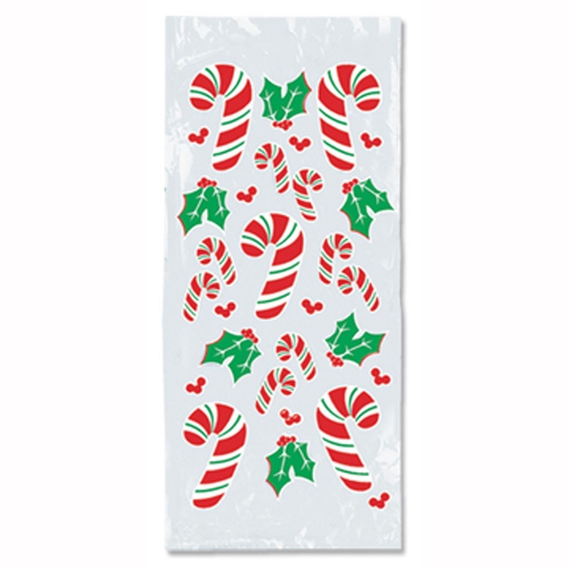 300 Pack Beistle Christmas Candy Cane/Holly Cello Bags