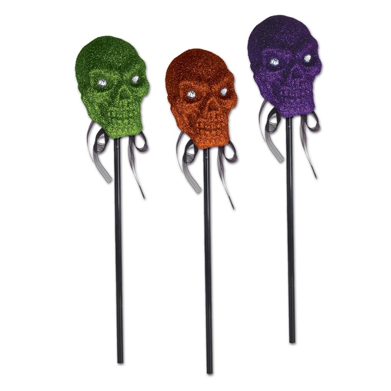 12 Pack Beistle Halloween Glittered Plastic Skull with Stick