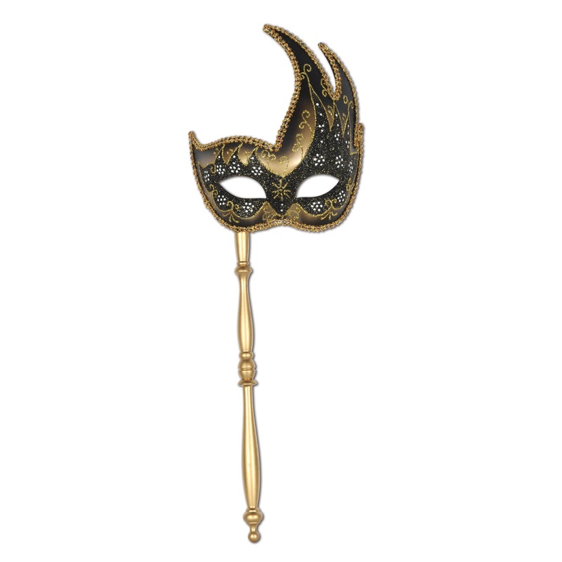 12 Pack Beistle Mardi Gras Glittered Mask with Stick - gold - sticks attached