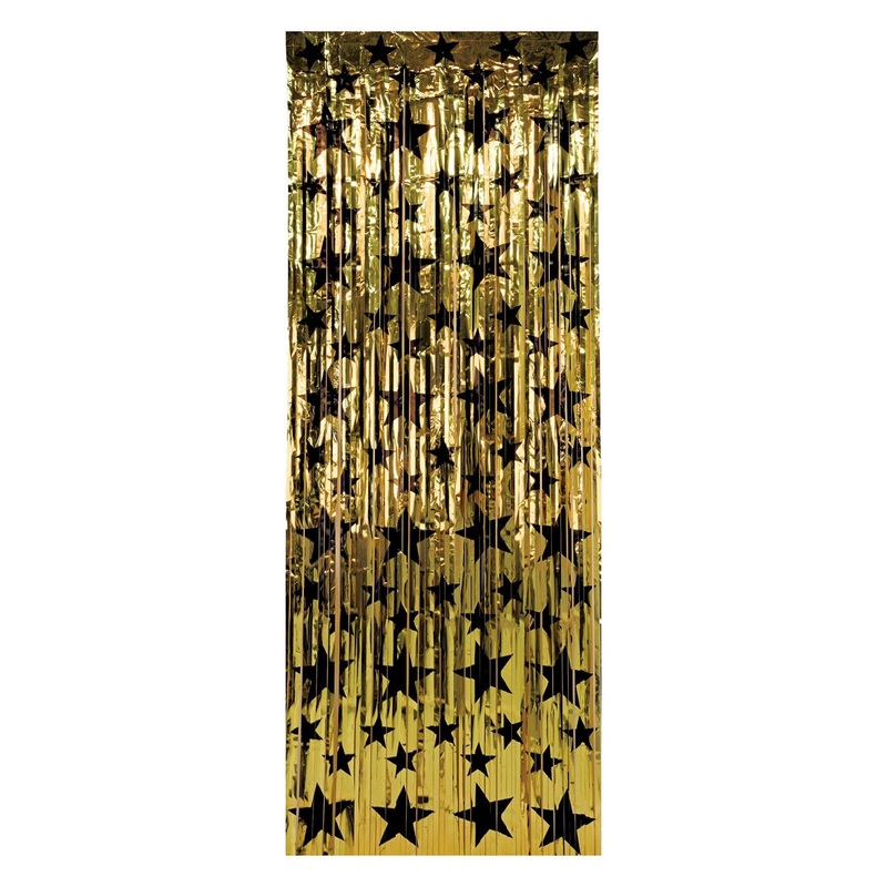 6 Pack Beistle 1-Ply Gleam 'N Party Curtain - gold with prtd black stars