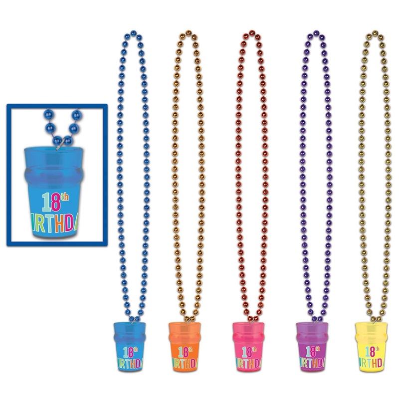 12 Pack Beistle 18th Birthday Bead Necklace with Glass Asst colors