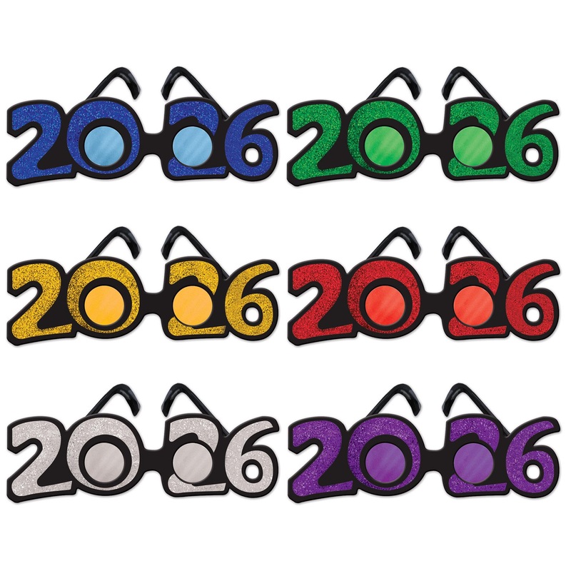 12 Pack Beistle 2026 Glittered Plastic Eyeglasses Asst colors