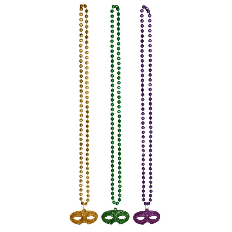 36 Pack Beistle Bead Necklace with Glittered Mask Medallion