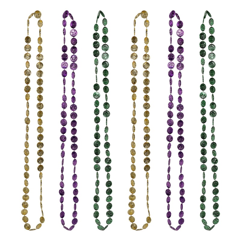 72 Pack Beistle Mardi Gras Coin Bead Necklaces Asst gold, green, purple