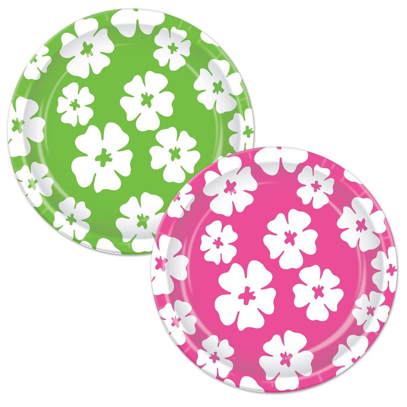 96 Pack Beistle Luau Party Hibiscus Paper Plates 7 inch