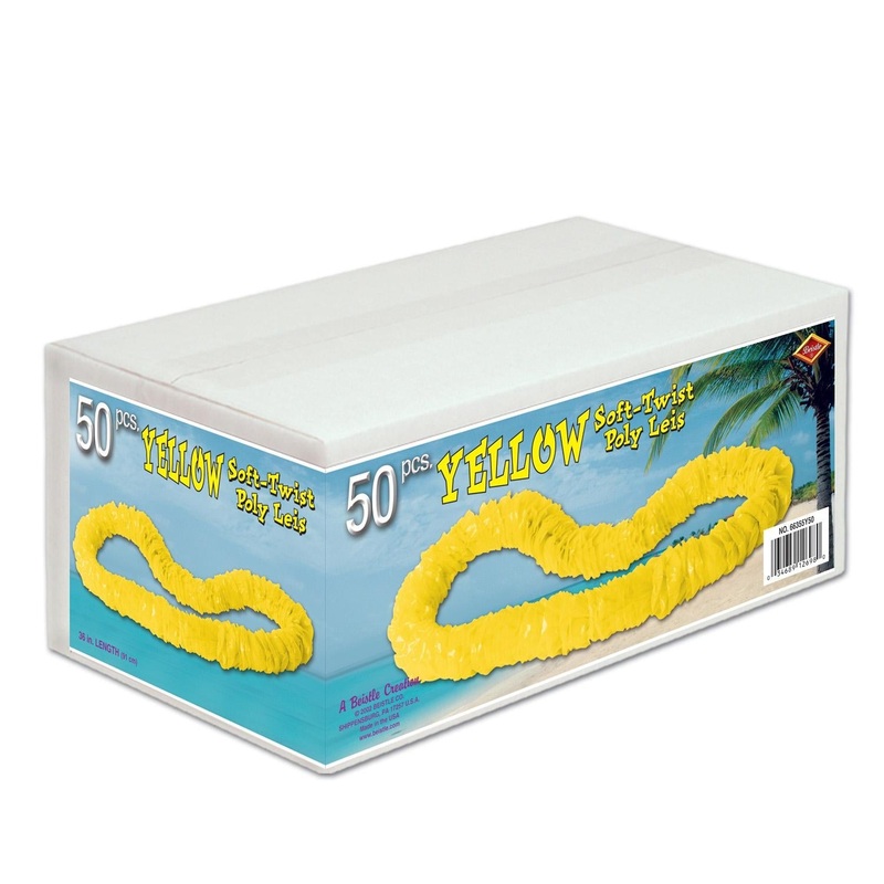 50 Pack Beistle Luau Party Yellow Soft-Twist Poly Leis with Labeled Box