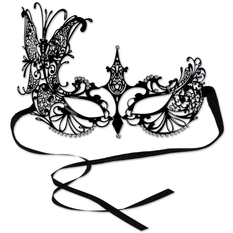 6 Pack Beistle Black Ribbon Tie- Mardi Gras Metal Filigree Masquerade Mask
