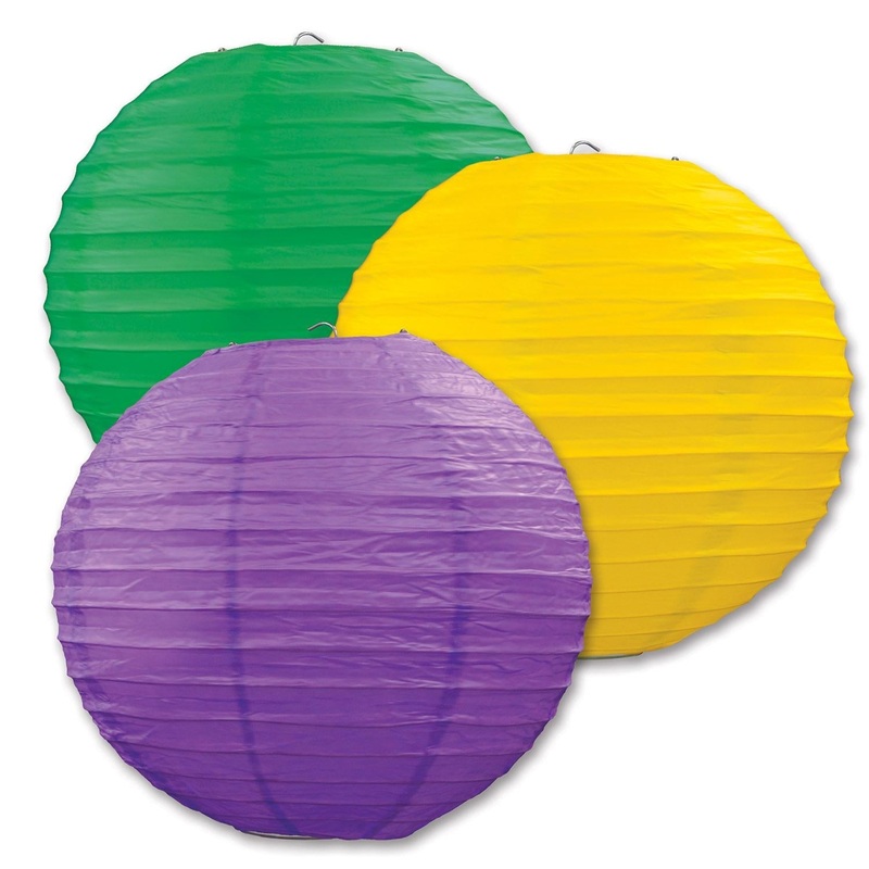 18 Pack Beistle Mardi Gras Paper Lanterns - Asst golden-yellow - green - purple