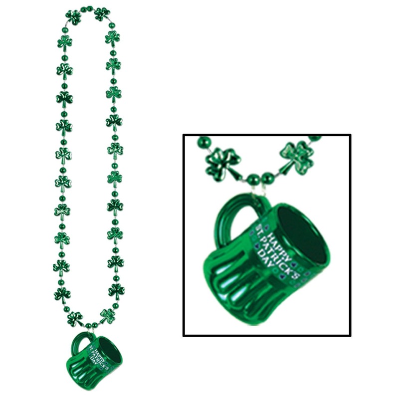 12 Pack Beistle St. Patrick's Day Shamrock Bead Necklaces with Happy St Pat's Mug