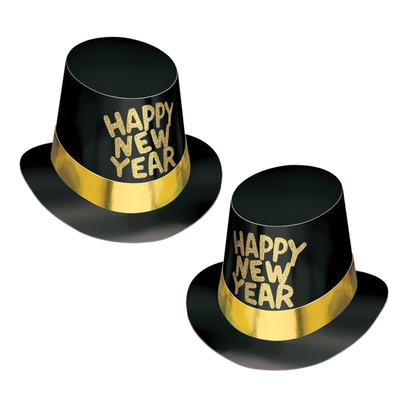 25 Pack Beistle Black Hi-Hat with Glittered Happy New Year